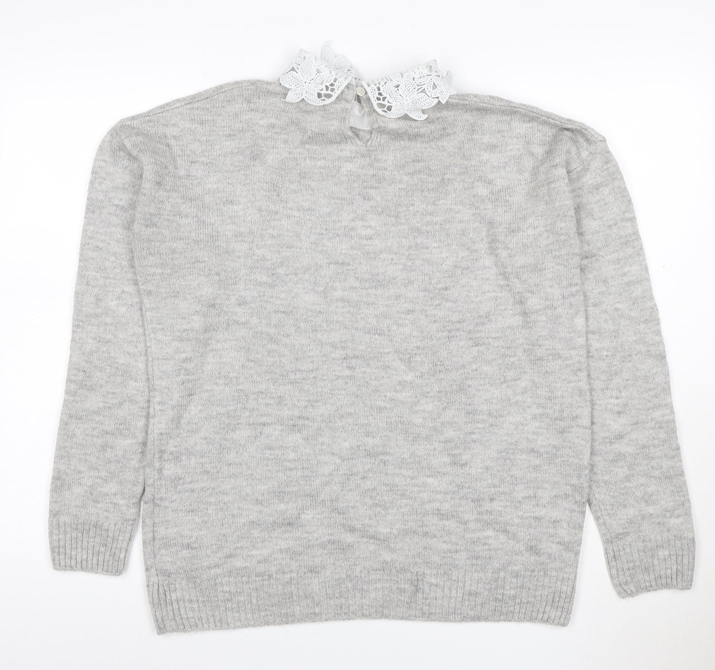 Next Women Grey UK 12 Lace Collar Long Sleeve Knit Pullover Jumper