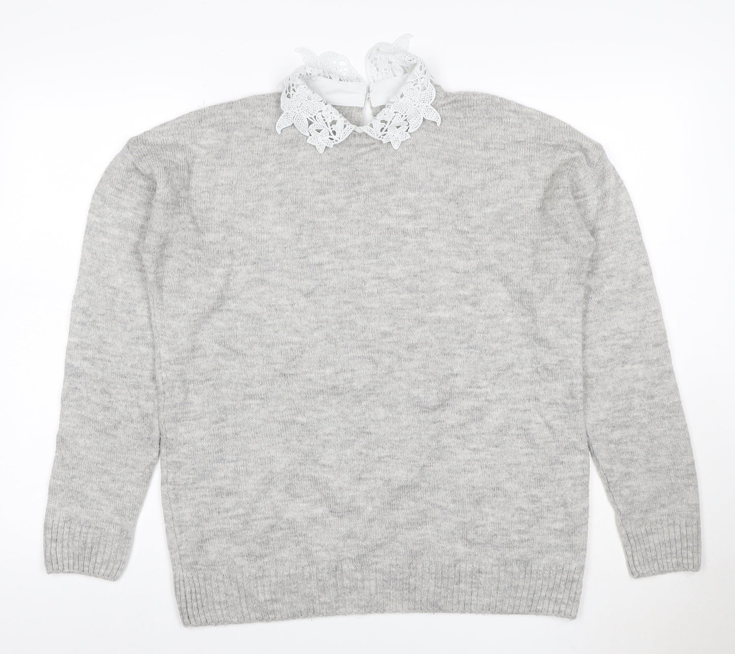 Next Women Grey UK 12 Lace Collar Long Sleeve Knit Pullover Jumper