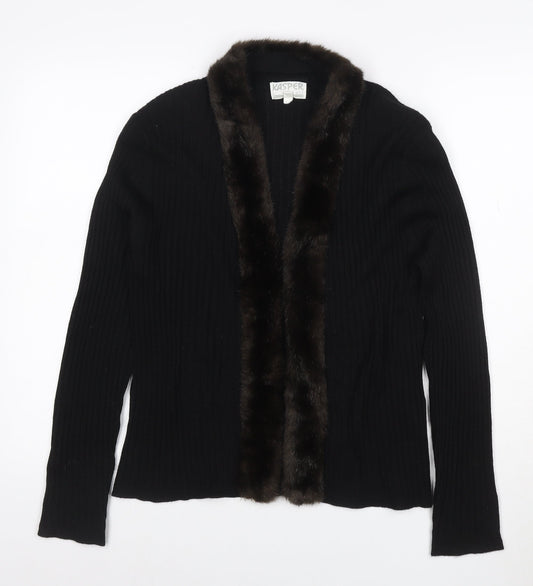 Kasper ASL Women’s Black XL Rib Knit Open Cardigan Fur Trim Wool Blend