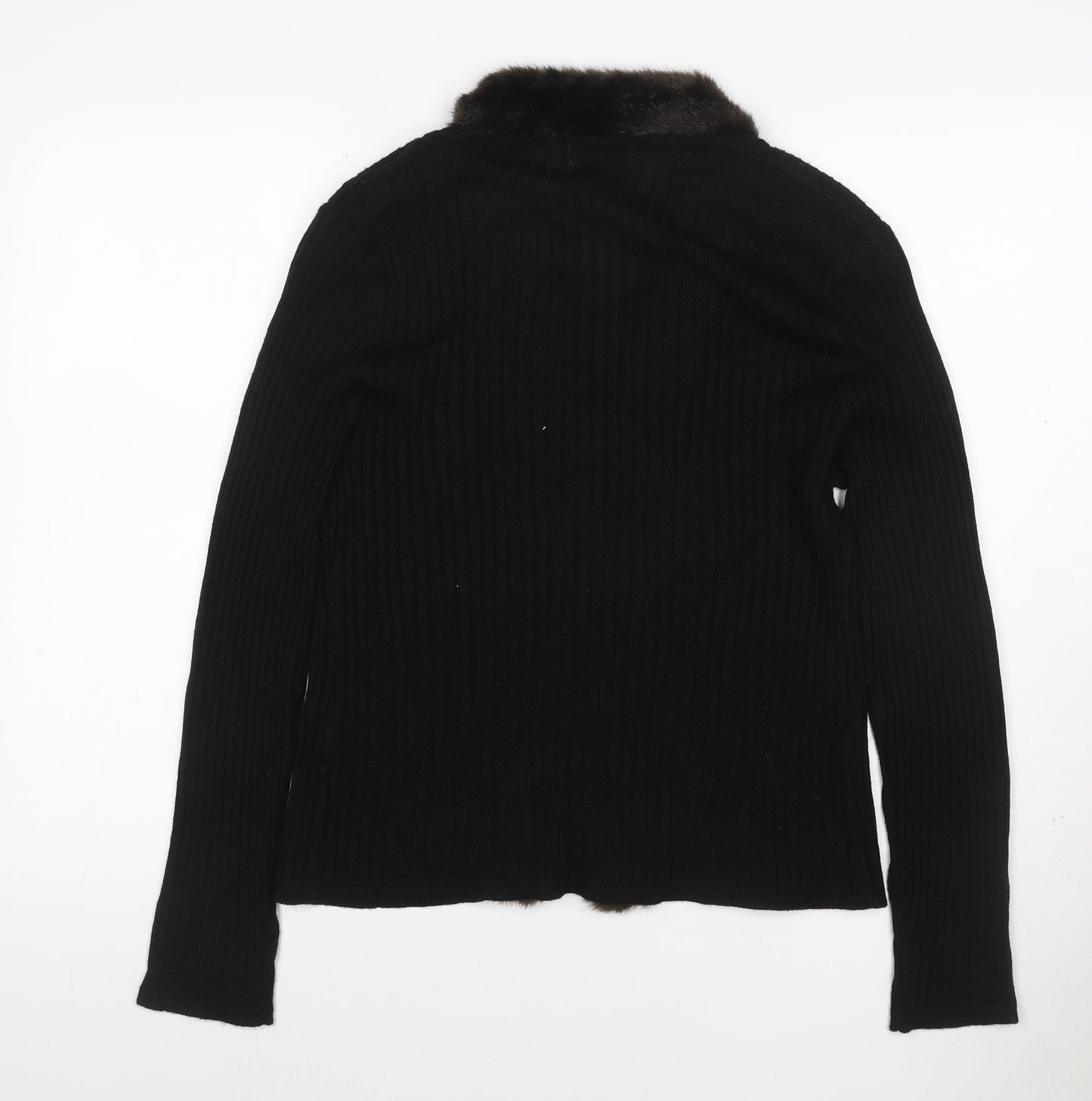 Kasper ASL Women’s Black XL Rib Knit Open Cardigan Fur Trim Wool Blend
