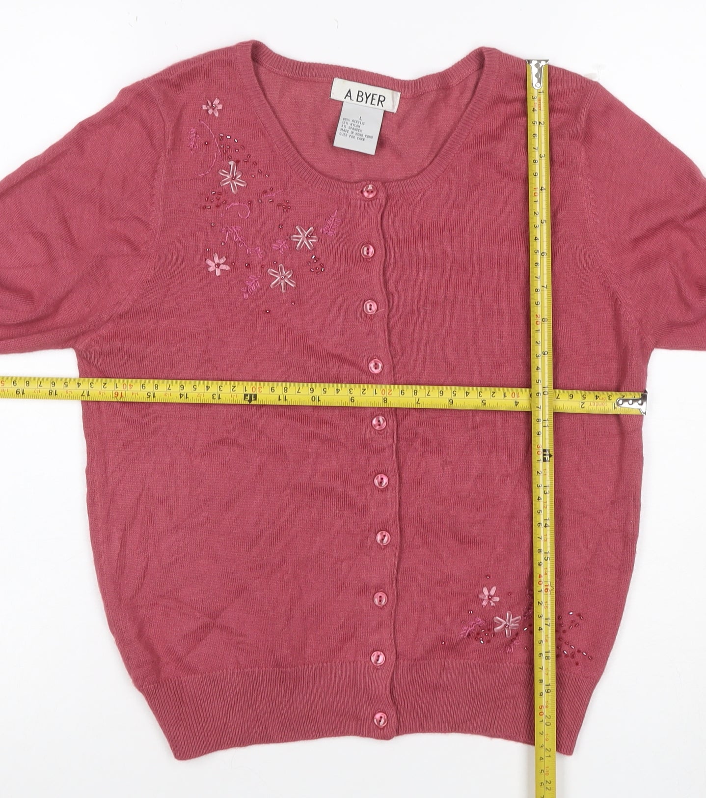 A. Byer Teens Pink L Floral Beaded Embroidered Knit Cardigan