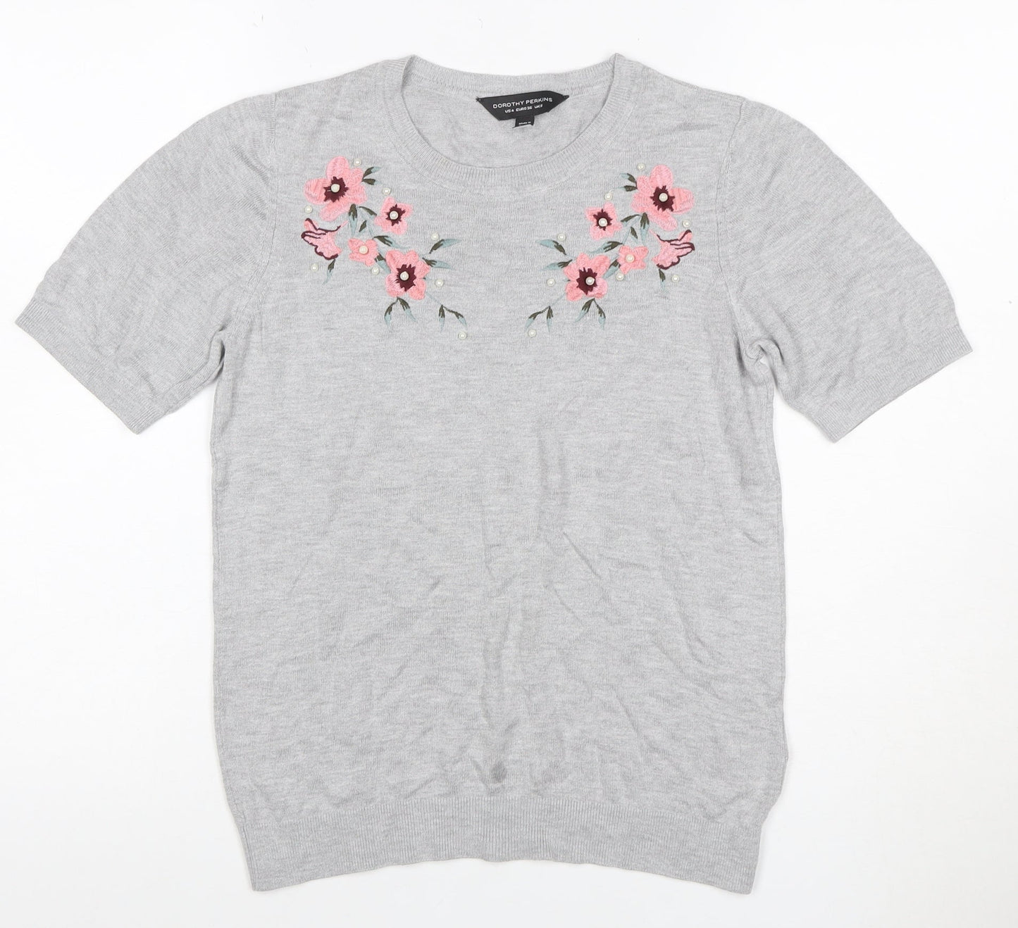Dorothy Perkins Women Grey UK 8 Basic Embroidered Floral Knit Top