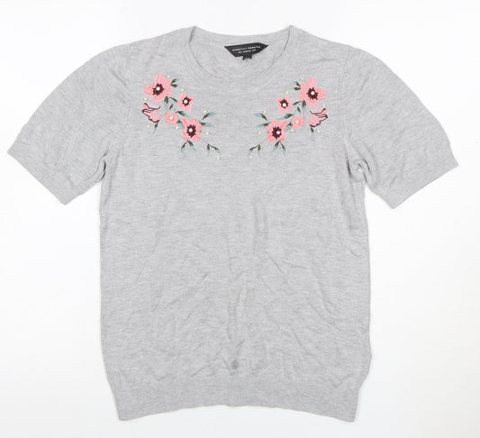 Dorothy Perkins Women Grey UK 8 Basic Embroidered Floral Knit Top