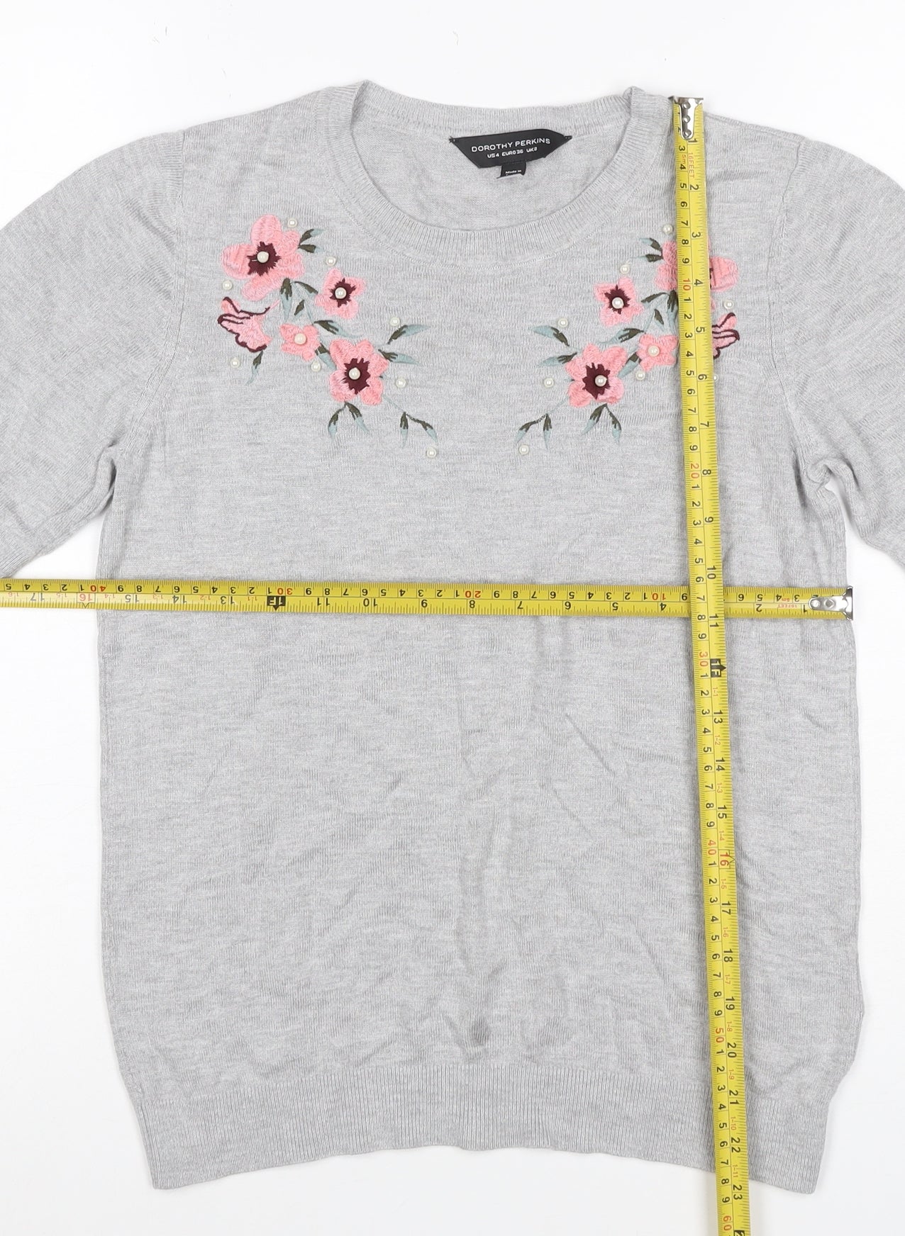 Dorothy Perkins Women Grey UK 8 Basic Embroidered Floral Knit Top