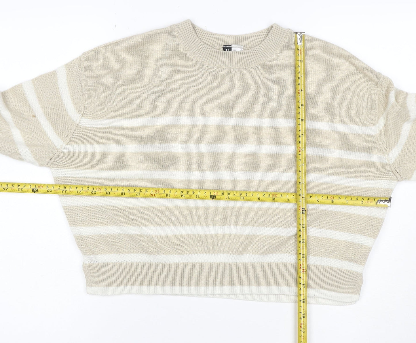 Cropp Women Beige White Striped Crew Neck Acrylic Knit Jumper M