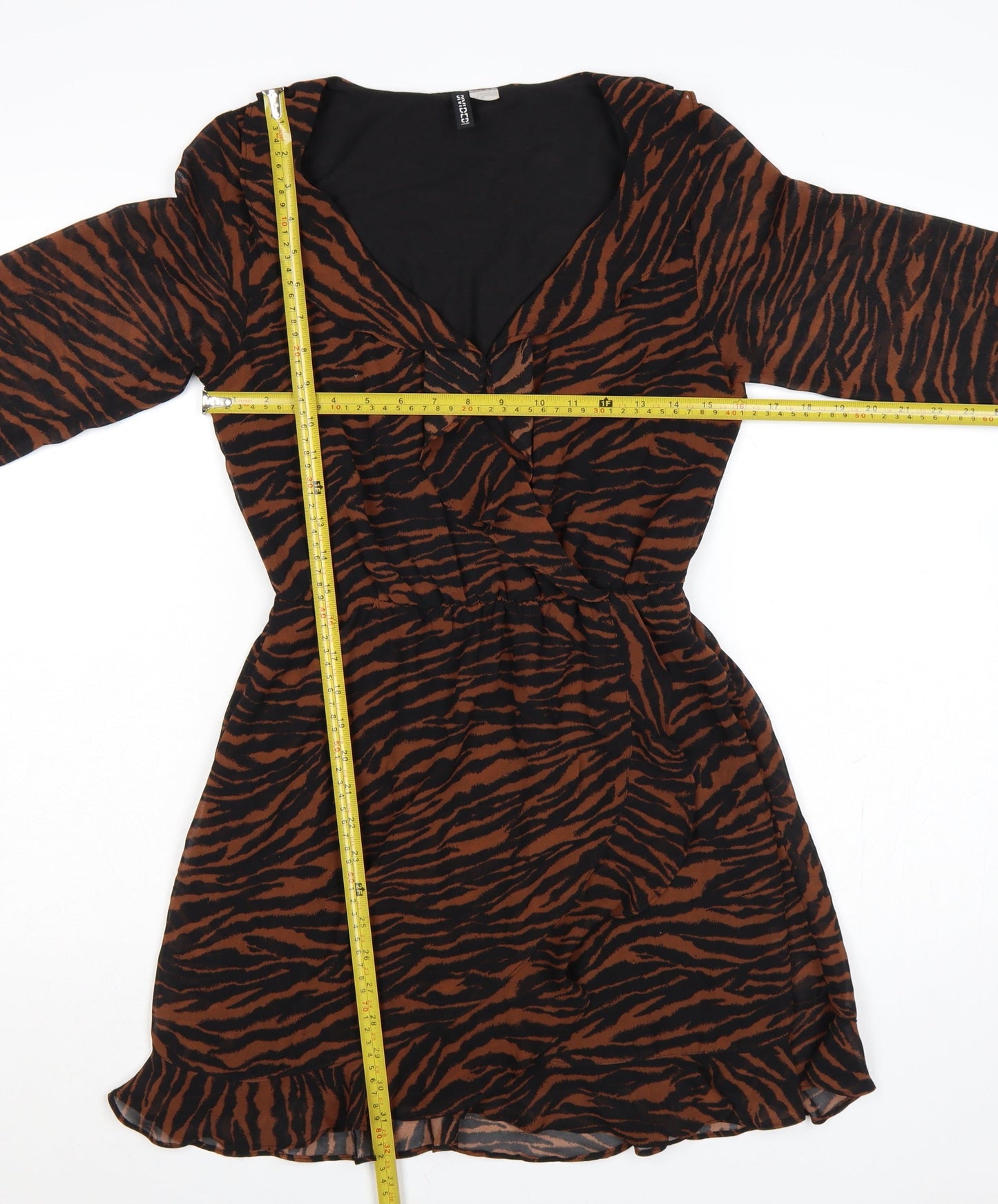 H&M Divided Women’s Brown Black Tiger Print Wrap Mini Dress UK 8