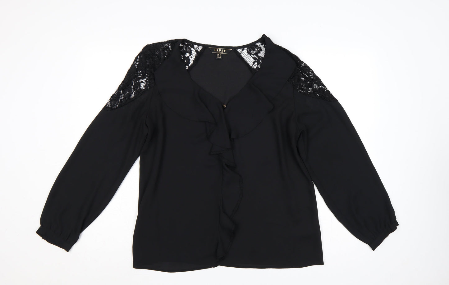 Lipsy Women Black UK 16 Ruffle Lace V-Neck Long Sleeve Blouse