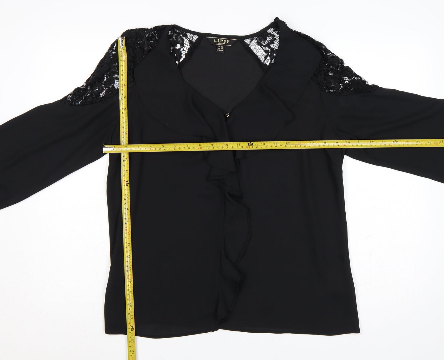Lipsy Women Black UK 16 Ruffle Lace V-Neck Long Sleeve Blouse