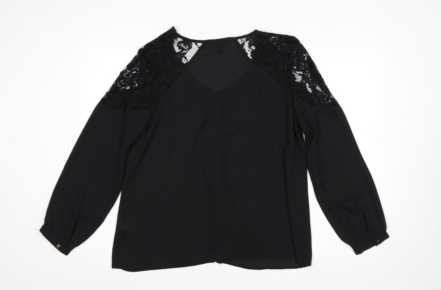 Lipsy Women Black UK 16 Ruffle Lace V-Neck Long Sleeve Blouse