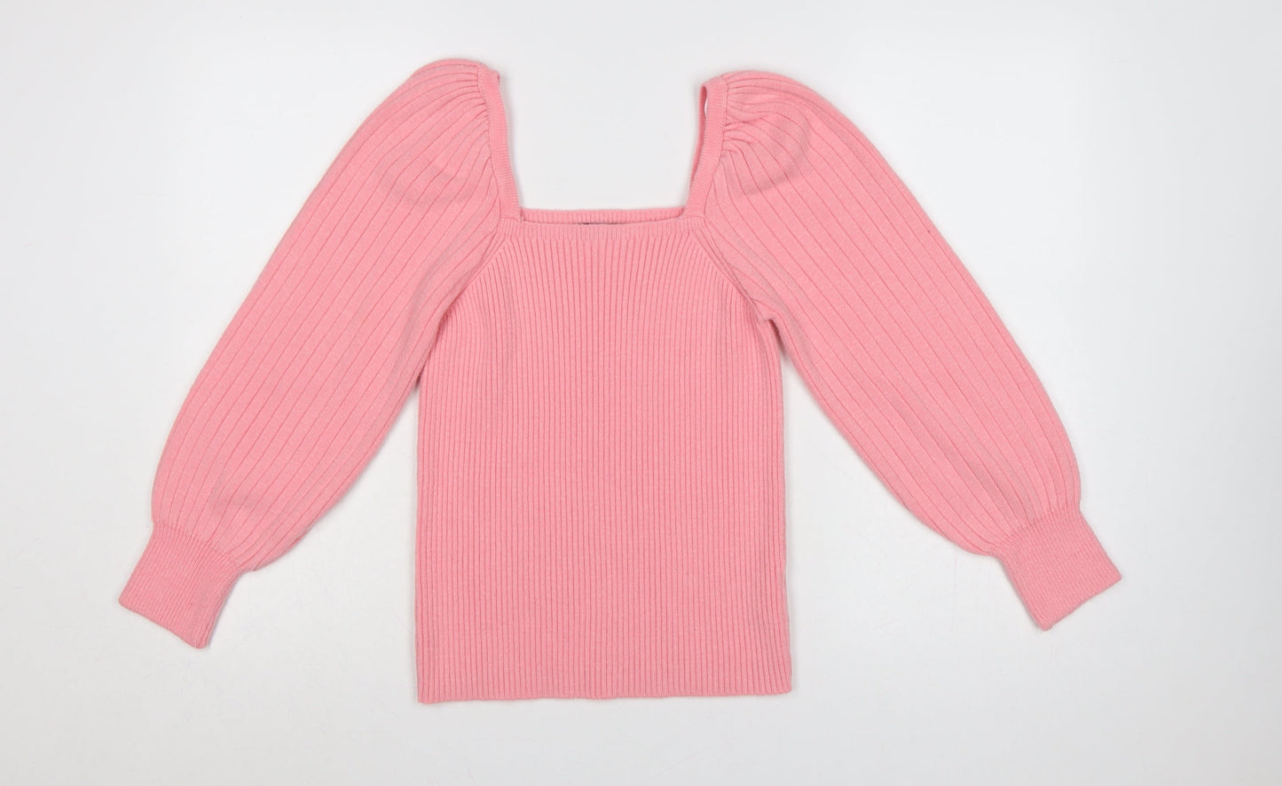 F&F Women’s Pink UK 12 Square Neck Rib Knit Balloon Sleeve Jumper