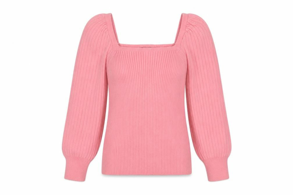 F&F Women’s Pink UK 12 Square Neck Rib Knit Balloon Sleeve Jumper