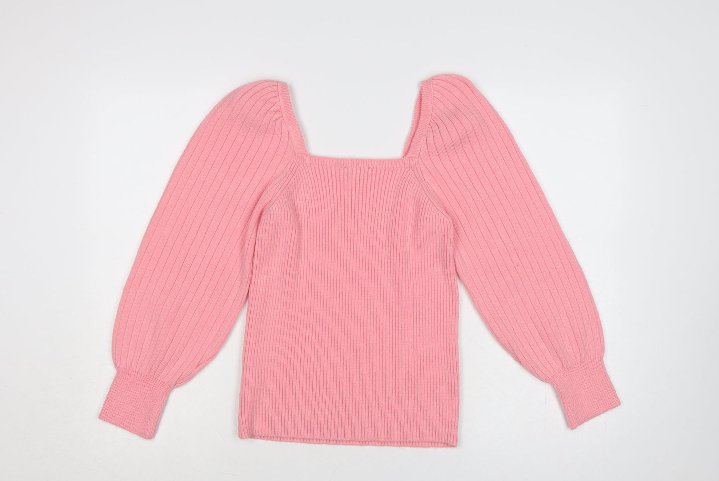 F&F Women’s Pink UK 12 Square Neck Rib Knit Balloon Sleeve Jumper