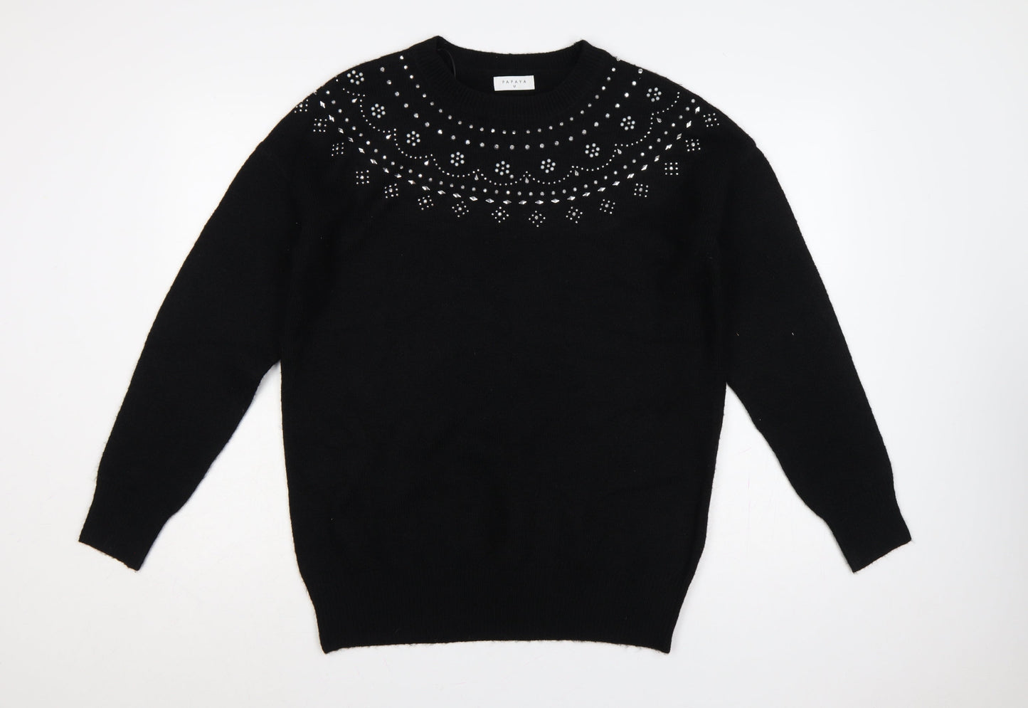 Papaya Women’s Black M Rhinestone Embellished Crew Neck Knit Jumper