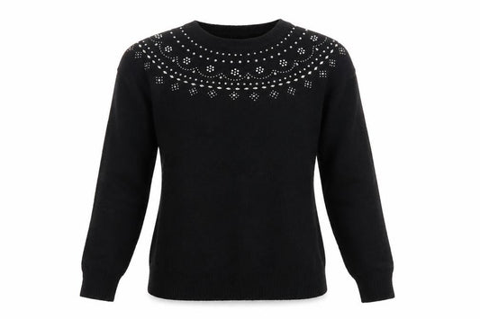 Front view of Papaya Women’s Black M Rhinestone Embellished Crew Neck Knit Jumper