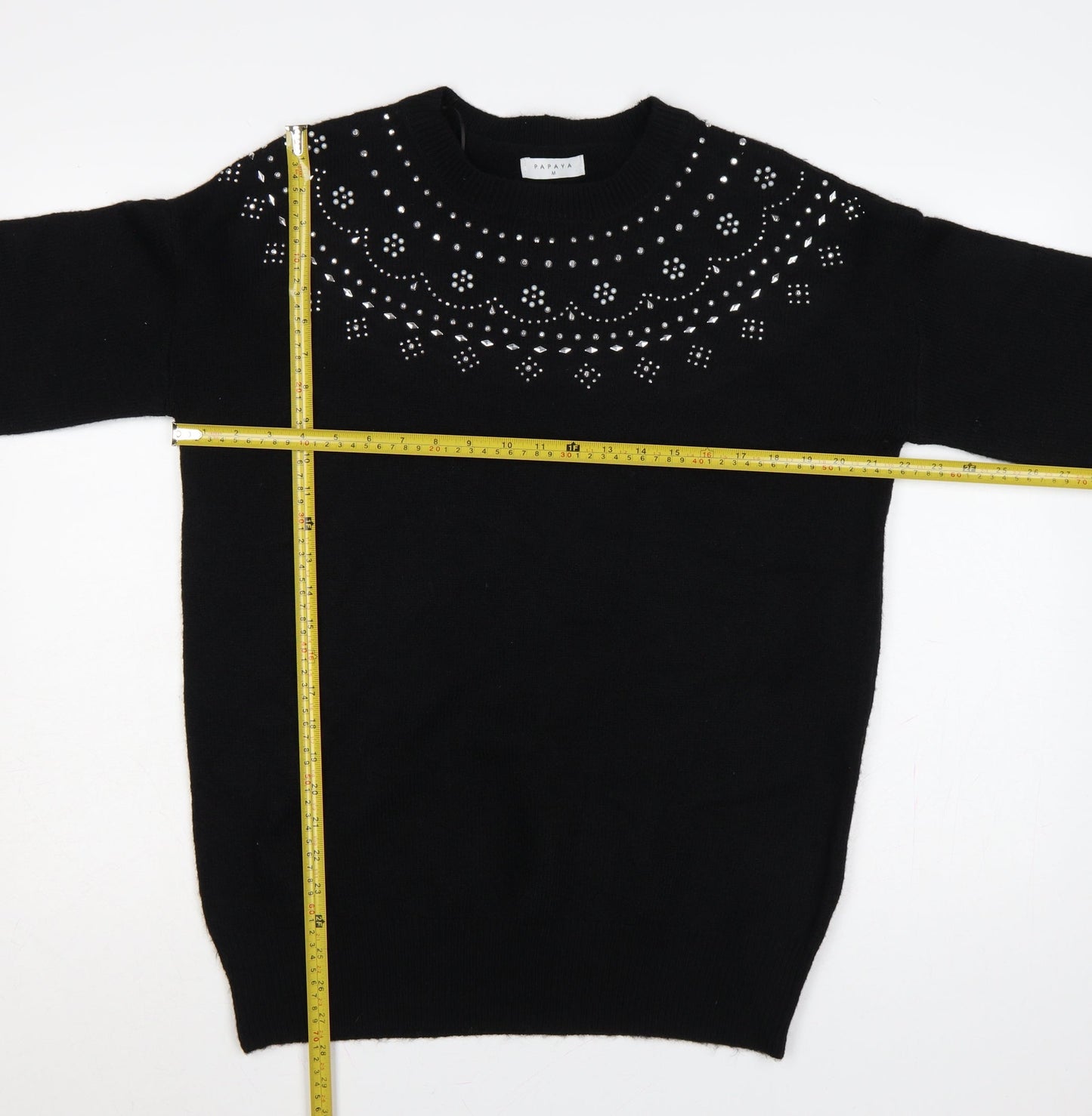 Papaya Women’s Black M Rhinestone Embellished Crew Neck Knit Jumper