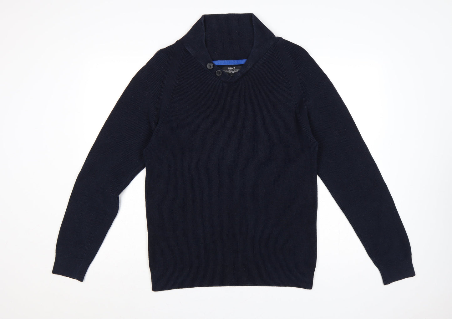 Next Men’s Blue Cotton Shawl Collar Button Pullover Jumper L
