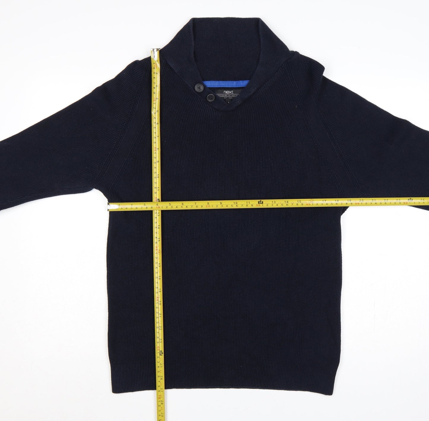 Next Men’s Blue Cotton Shawl Collar Button Pullover Jumper L
