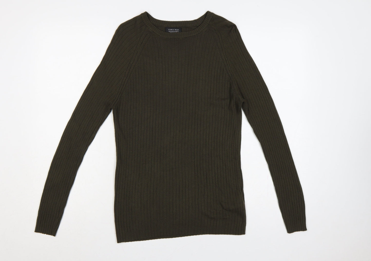 Zara Man Men Green Ribbed Crew Neck Slim Pullover Jumper M