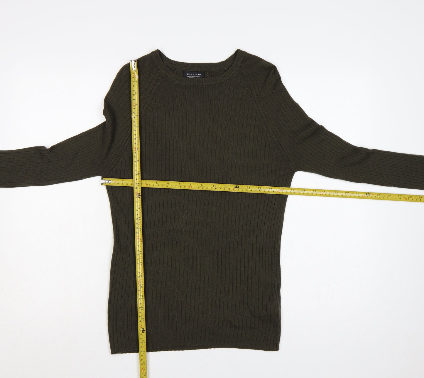 Zara Man Men Green Ribbed Crew Neck Slim Pullover Jumper M