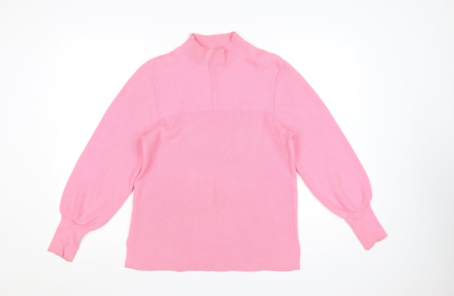 Marks and Spencer Women Pink M Rib Knit Mock Neck Balloon Sleeve Jumper
