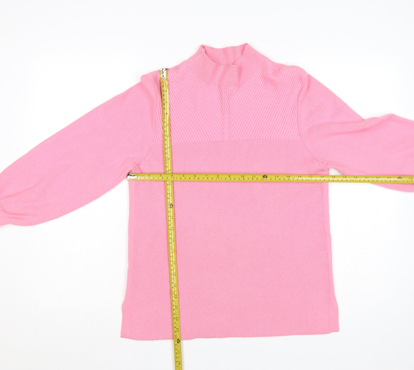 Marks and Spencer Women Pink M Rib Knit Mock Neck Balloon Sleeve Jumper