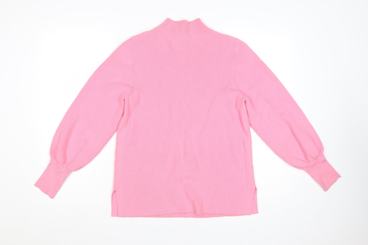 Marks and Spencer Women Pink M Rib Knit Mock Neck Balloon Sleeve Jumper