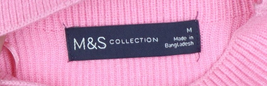 Marks and Spencer Women Pink M Rib Knit Mock Neck Balloon Sleeve Jumper
