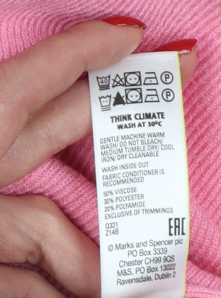 Marks and Spencer Women Pink M Rib Knit Mock Neck Balloon Sleeve Jumper