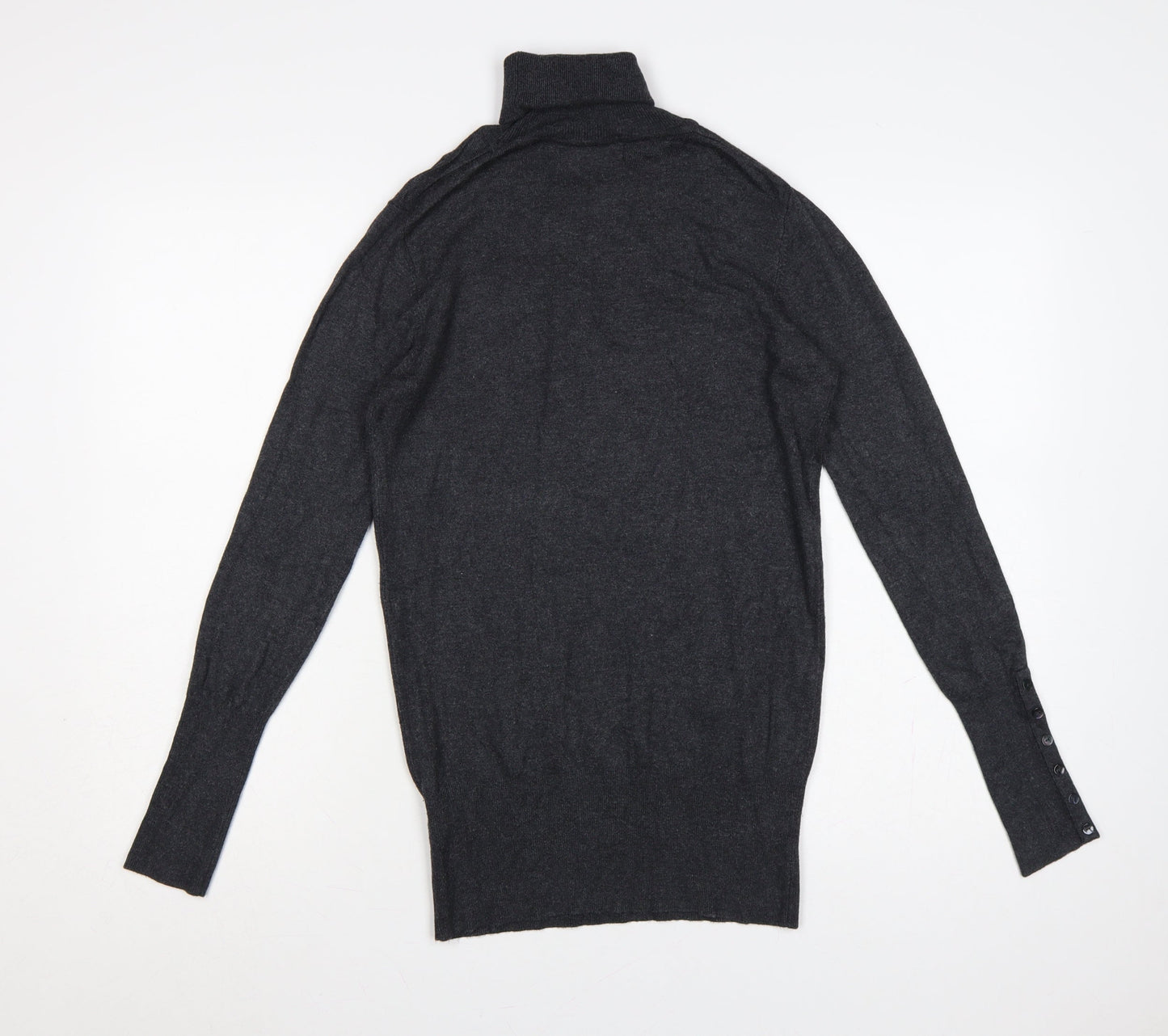 Zara Women Grey M Roll Neck Knit Pullover Button Cuffs
