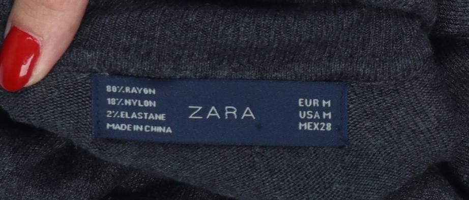 Zara Women Grey M Roll Neck Knit Pullover Button Cuffs
