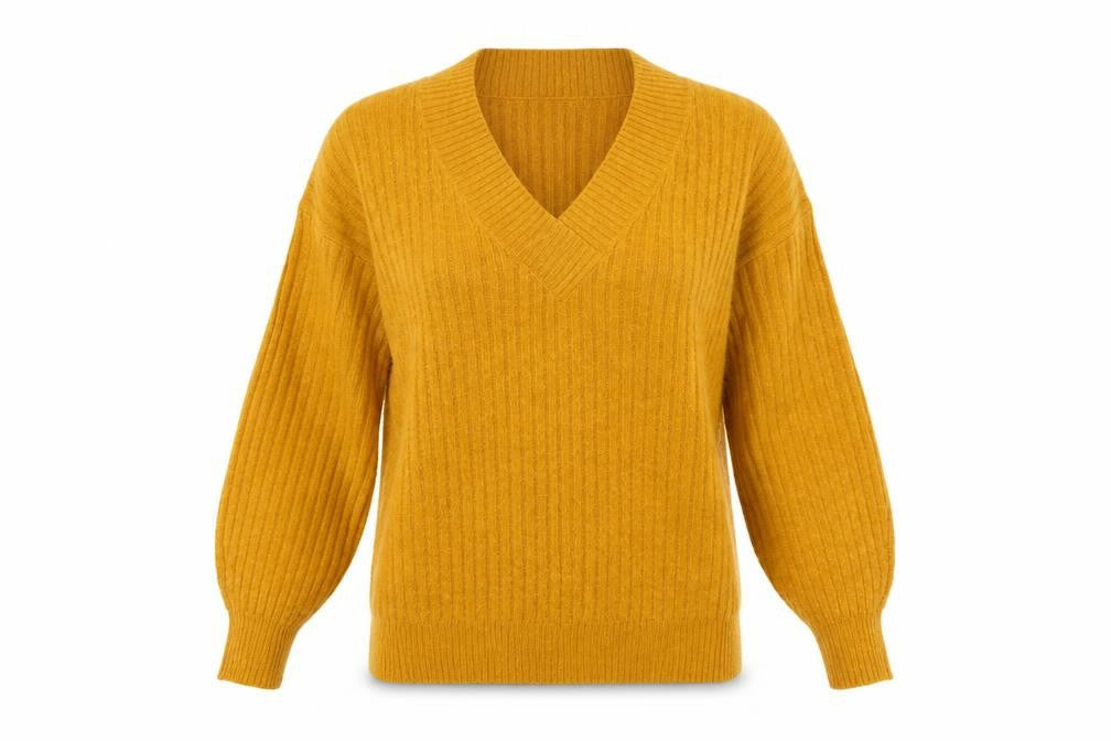 Tu Women Yellow Size 12 V-Neck Rib Knit Balloon Sleeve Jumper