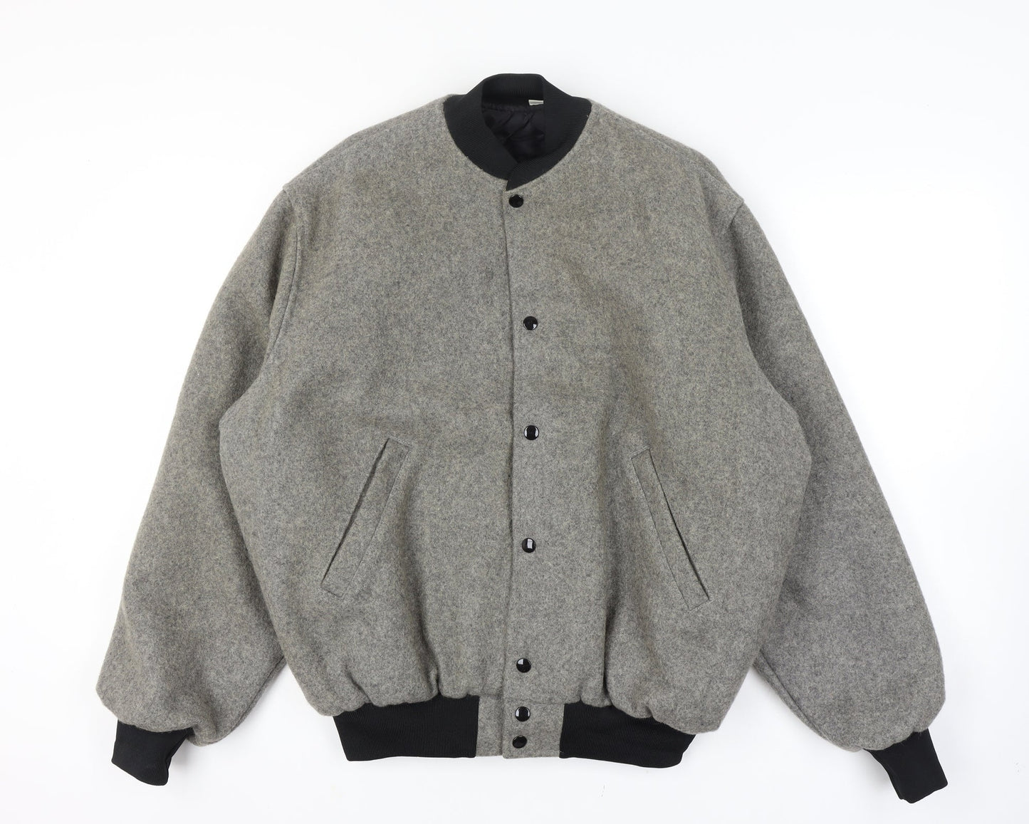 Mens Wool Grey XL Quilted Interior Bomber Jacket Black Ribbed Trim Snap Front