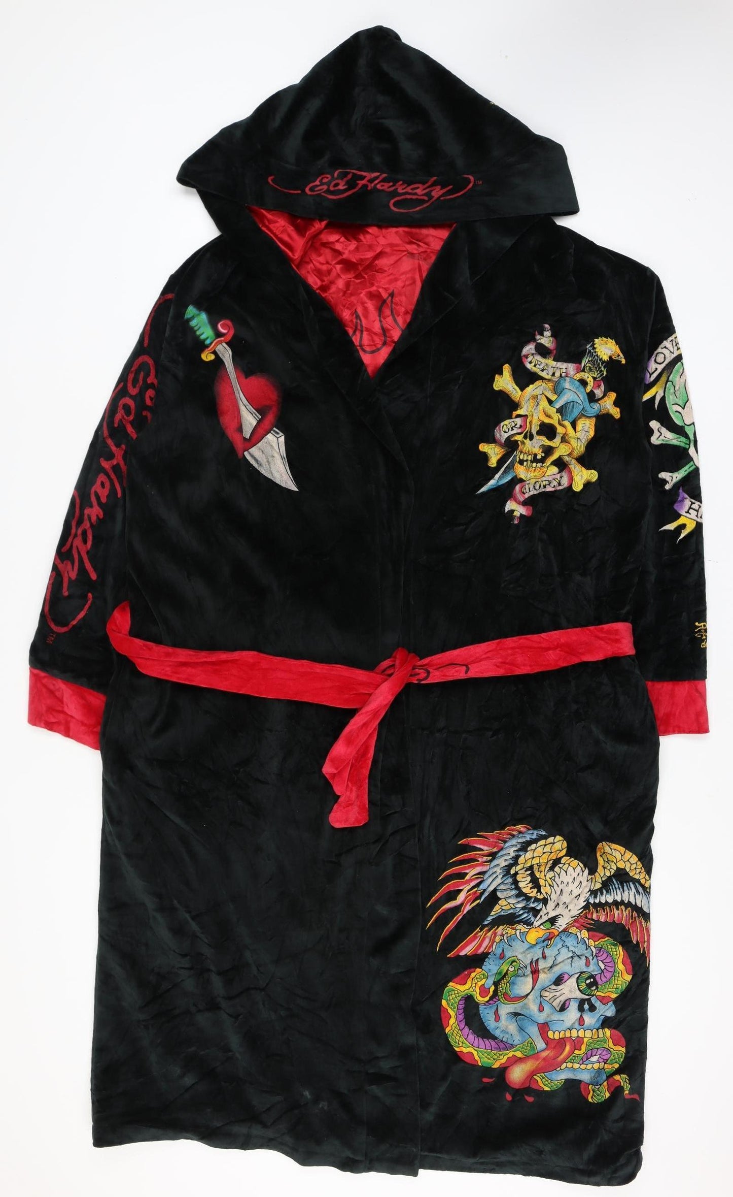 Ed Hardy Men's Black One Size Hooded Velour Tattoo Skull Robe