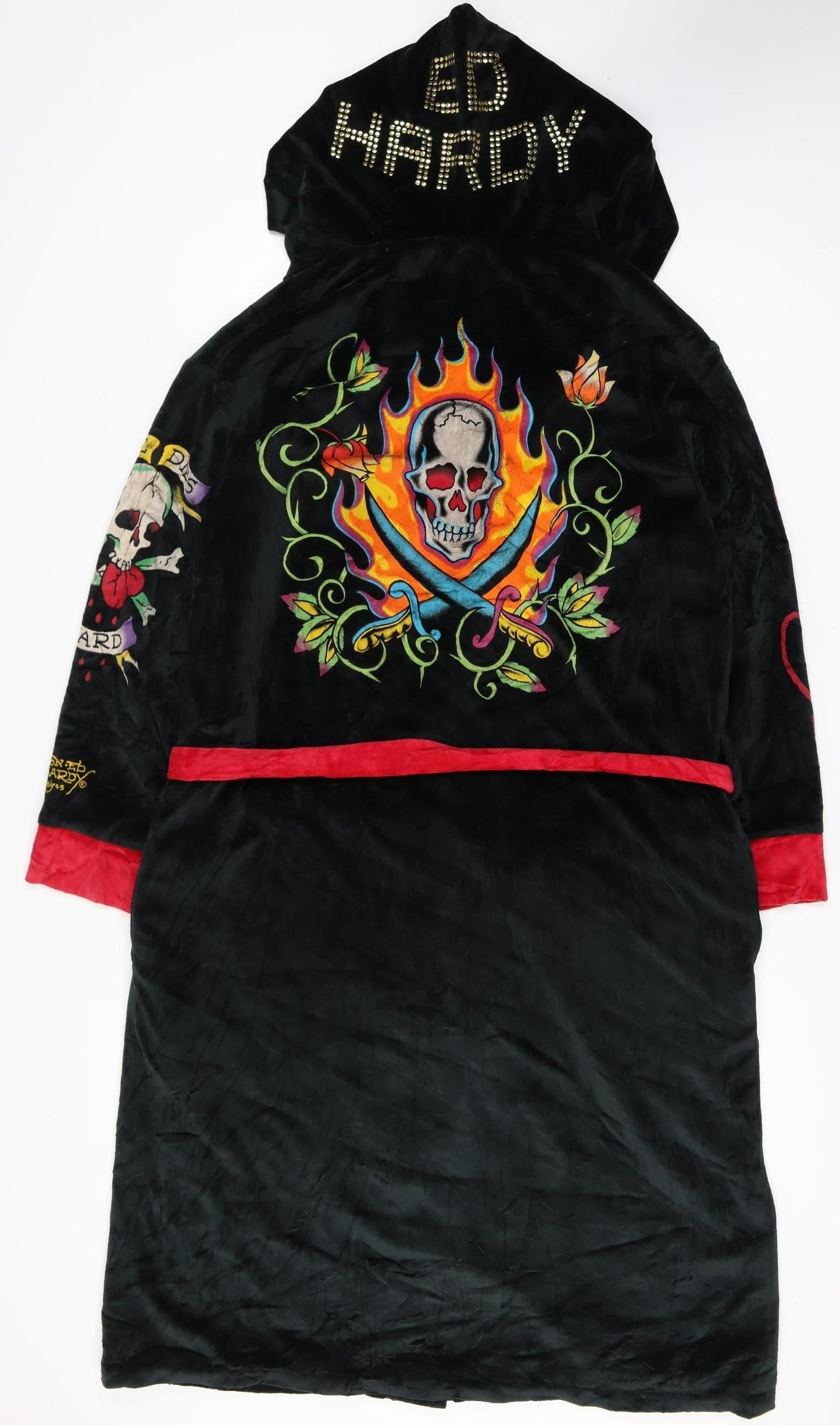 Ed Hardy Men's Black One Size Hooded Velour Tattoo Skull Robe