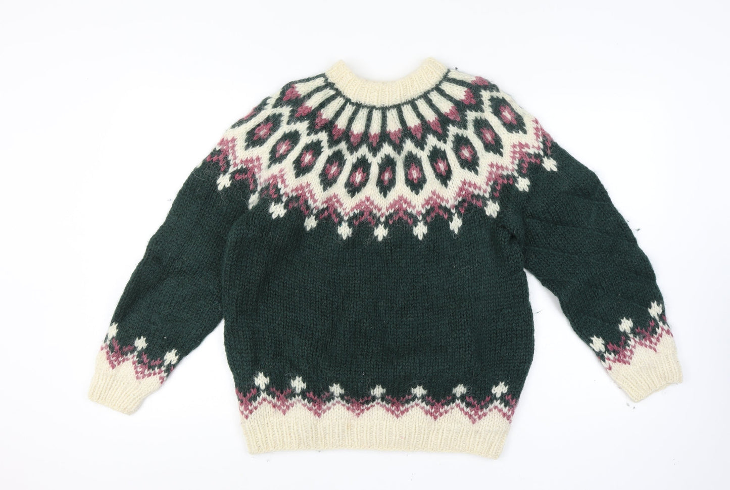 Alva Knit Women Size 10 Green Wool Fair Isle Icelandic Pullover Jumper