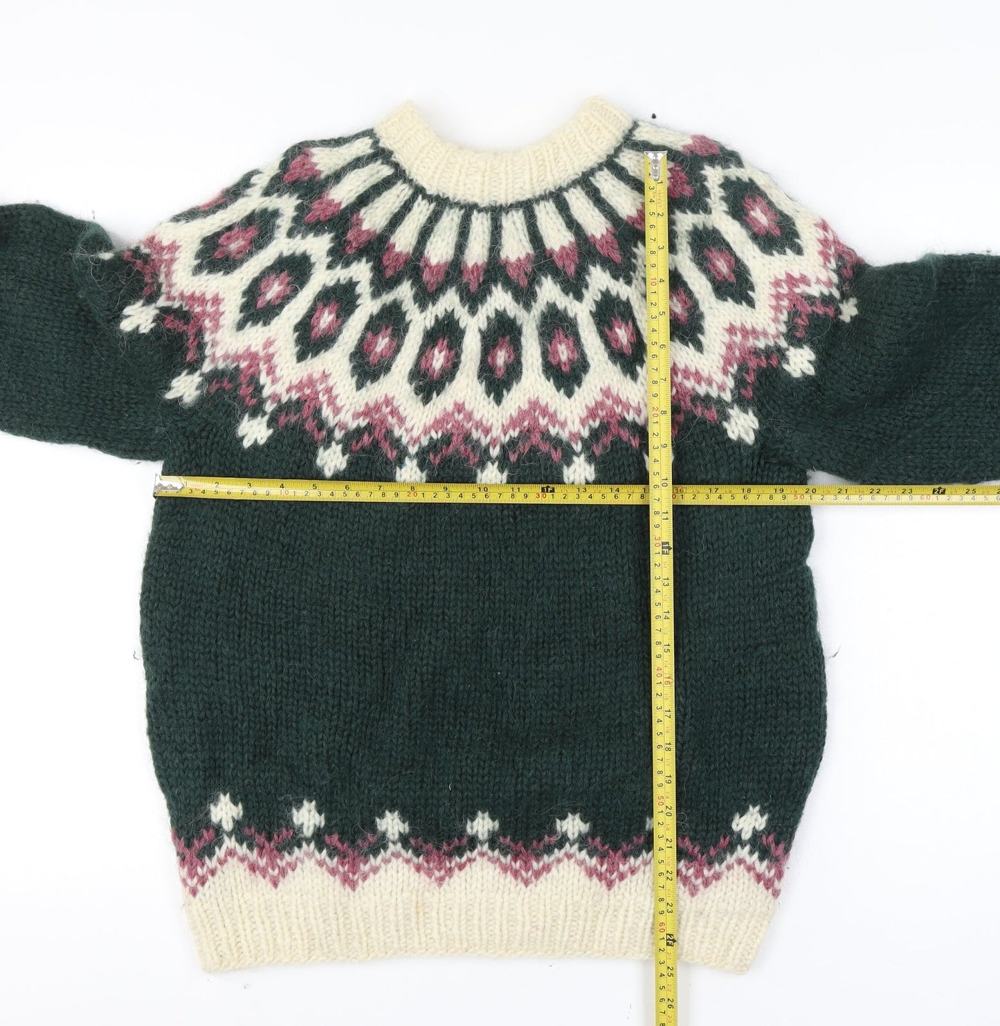 Alva Knit Women Size 10 Green Wool Fair Isle Icelandic Pullover Jumper