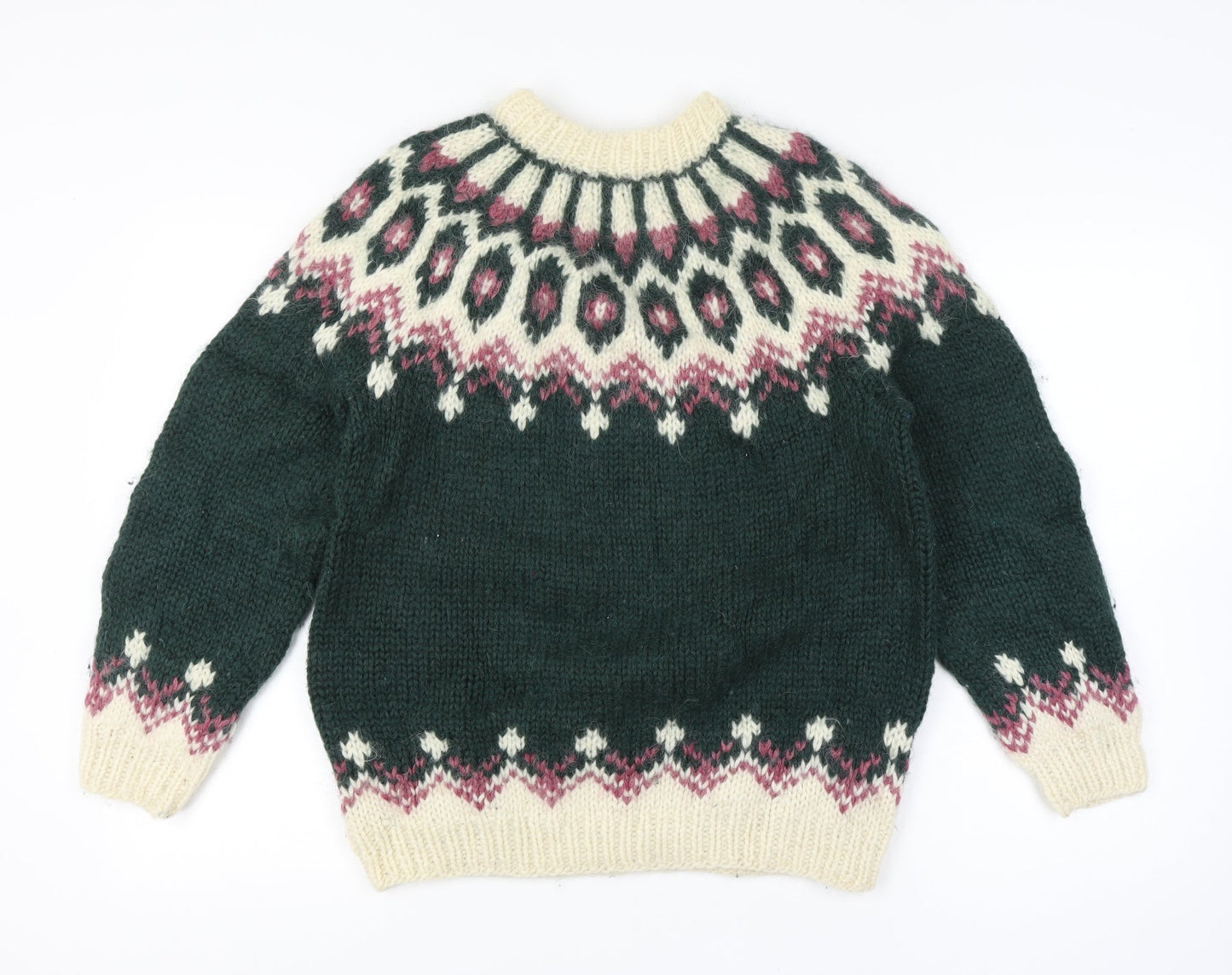 Alva Knit Women Size 10 Green Wool Fair Isle Icelandic Pullover Jumper