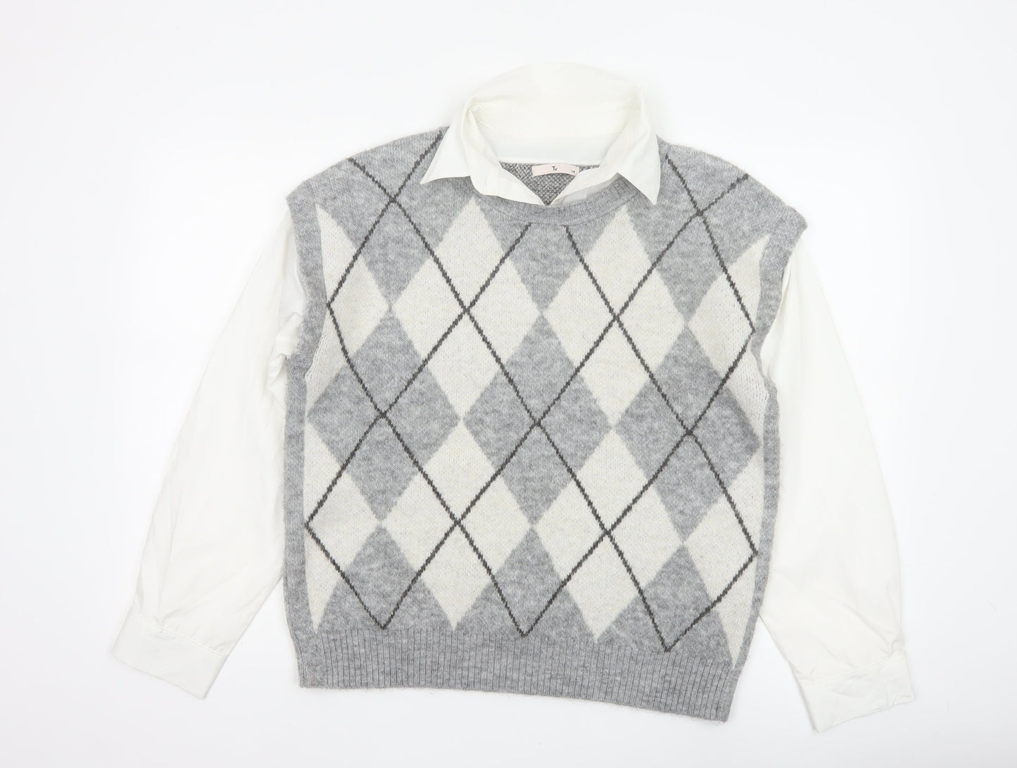 Tu Women Grey Argyle Collared Long Sleeve Jumper Size 14