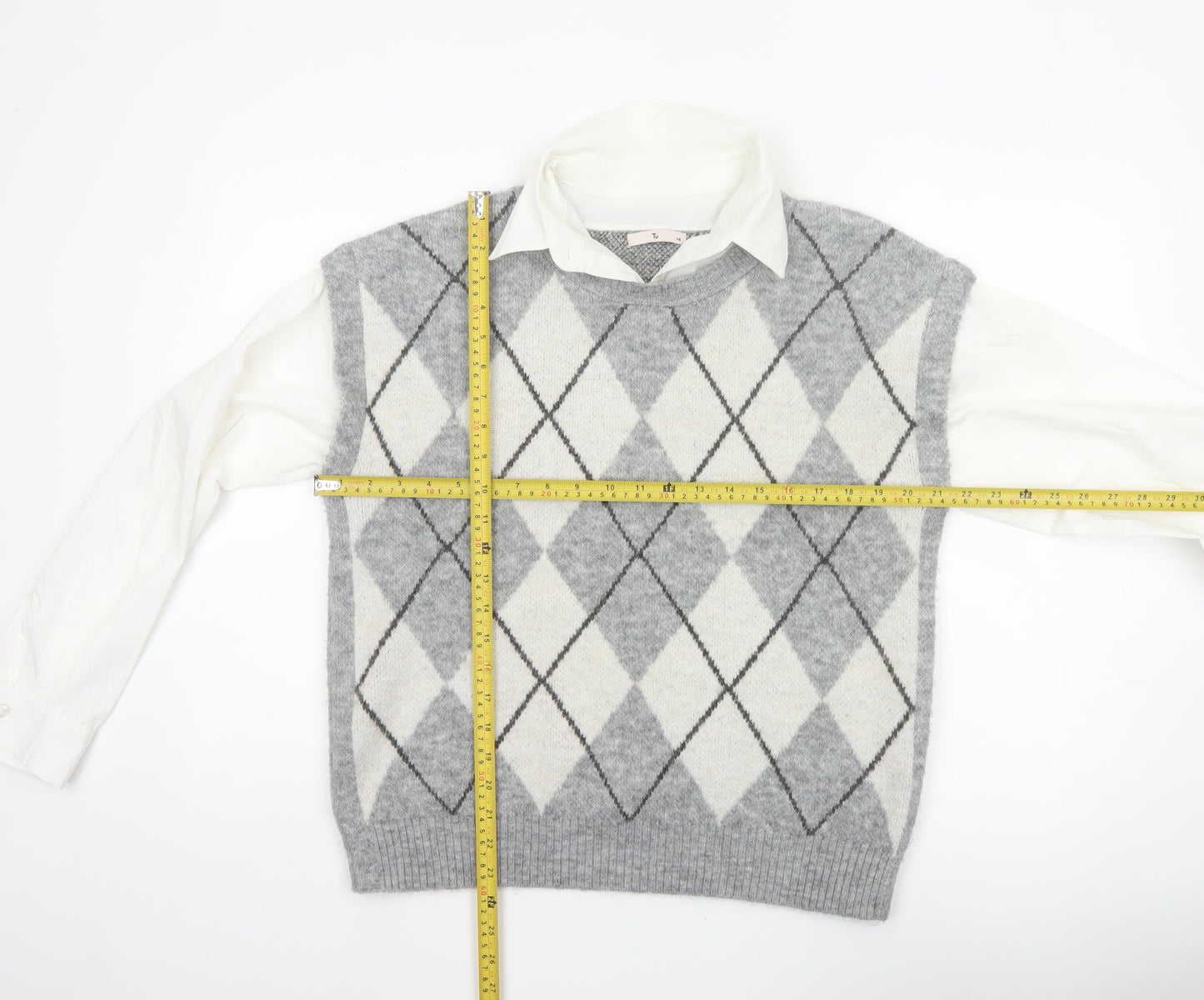 Tu Women Grey Argyle Collared Long Sleeve Jumper Size 14