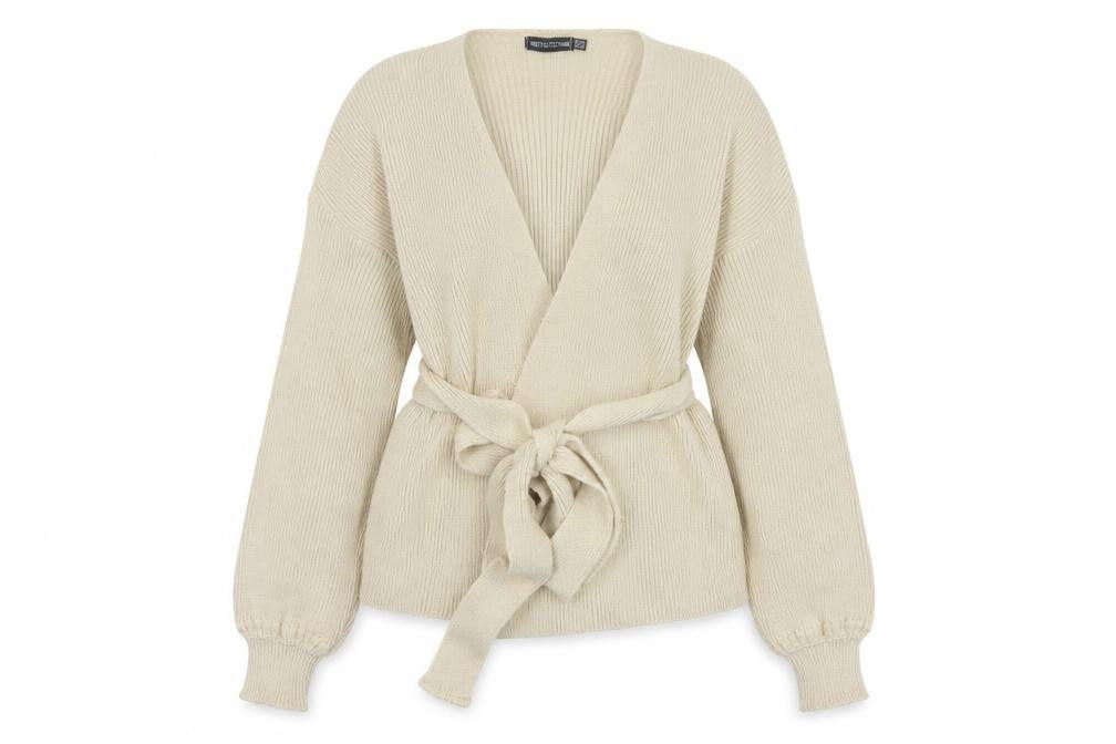 PRETTYLITTLETHING Women Ivory UK 12 Belted Knit Wrap Cardigan