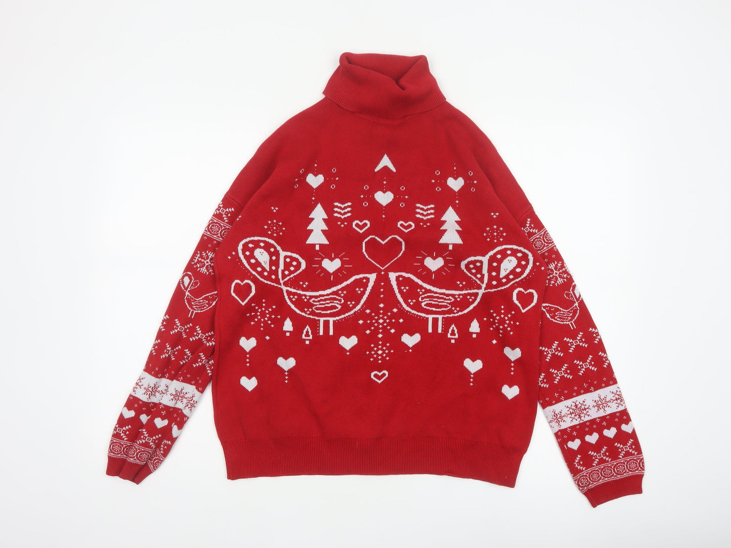 Next Women Red UK 14 Roll Neck Christmas Bird Heart Knit Jumper