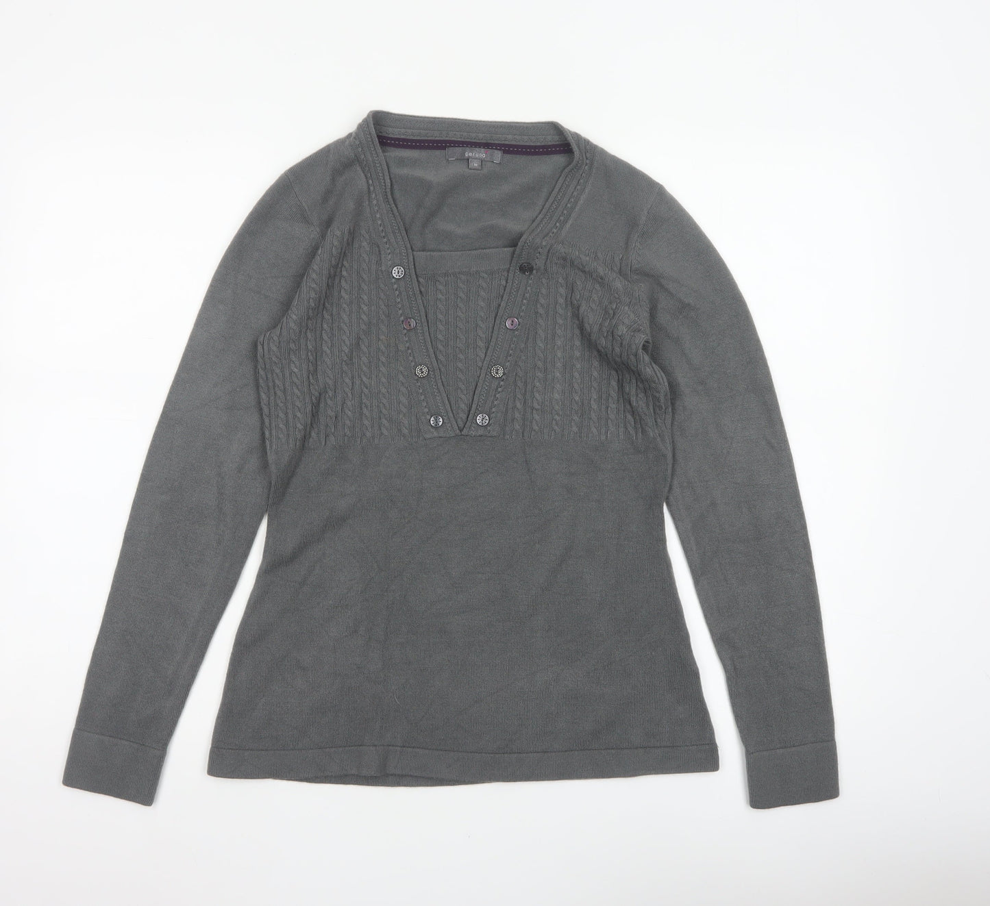 Per Una Women’s Grey Size 10 Cable Knit Button V-Neck Henley Jumper