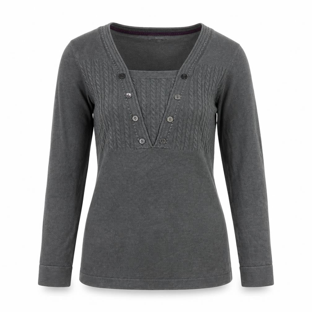 Per Una Women’s Grey Size 10 Cable Knit Button V-Neck Henley Jumper