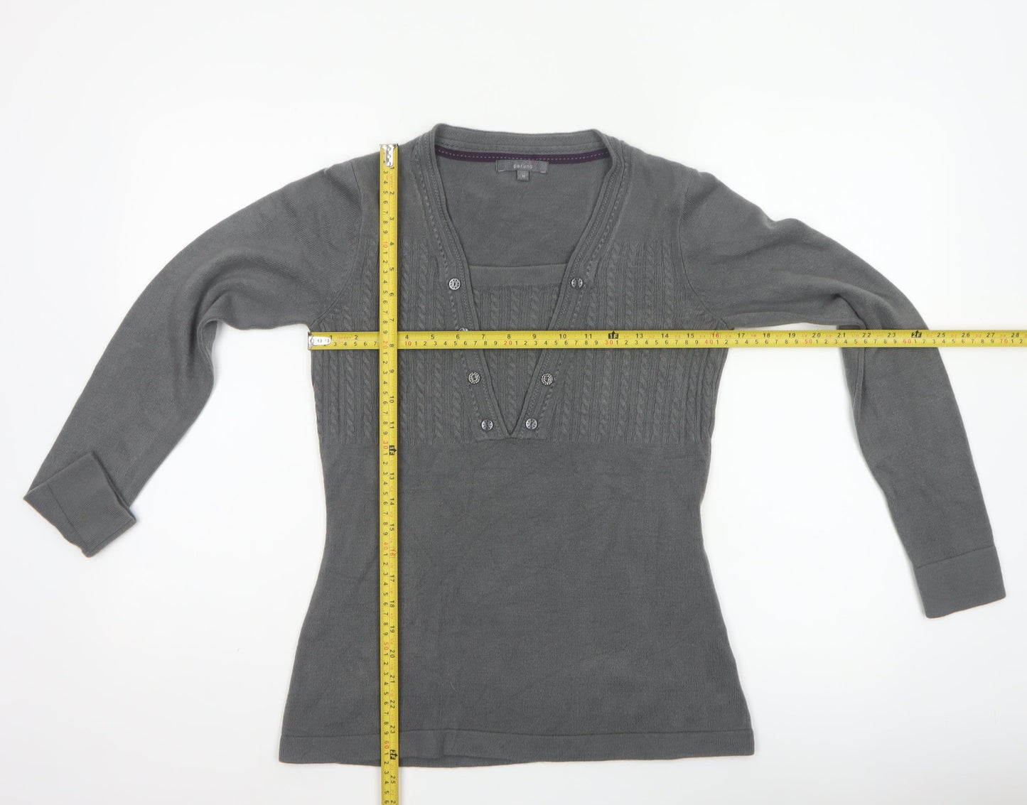 Per Una Women’s Grey Size 10 Cable Knit Button V-Neck Henley Jumper