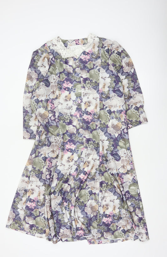 Pellies Women’s Purple Floral Fit & Flare Knee Dress UK 12 Lace Collar