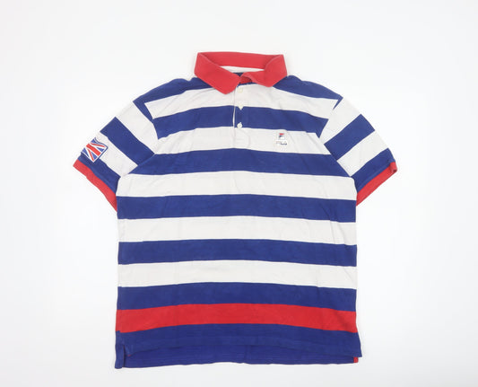 FILA Men’s L Blue White Red Striped Cotton Flag Logo Polo Shirt
