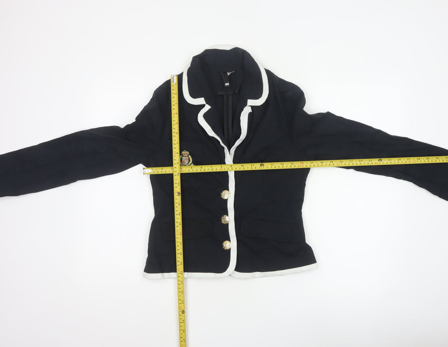 Divided by H&M Women Black White Trim Crest Blazer UK 12 Preppy