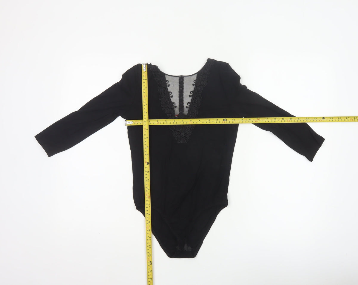 Jennifer Women's Black UK 8 Lace Mesh V-Neck Long Sleeve Bodysuit