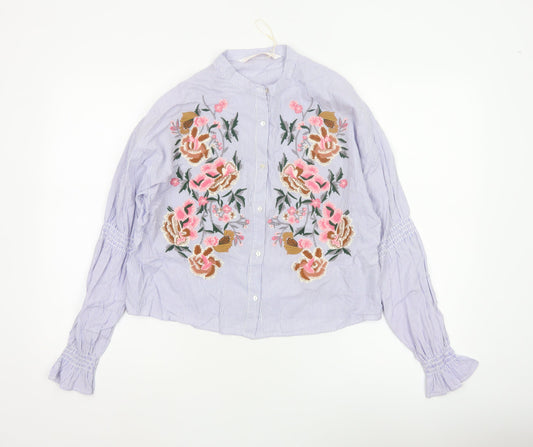 Zara Women Blue Stripe Floral Embroidered Button-Up Shirt XS