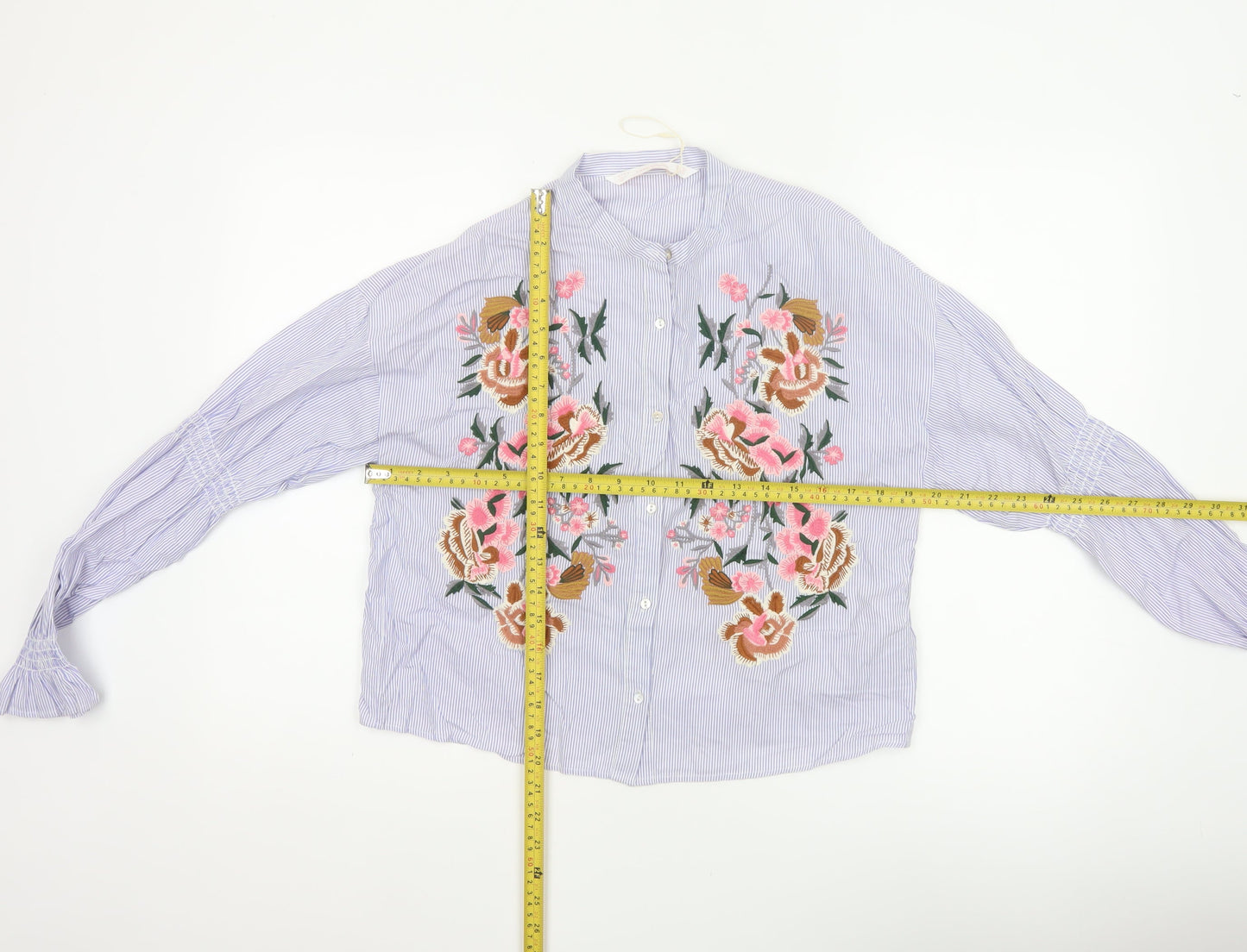 Zara Women Blue Stripe Floral Embroidered Button-Up Shirt XS